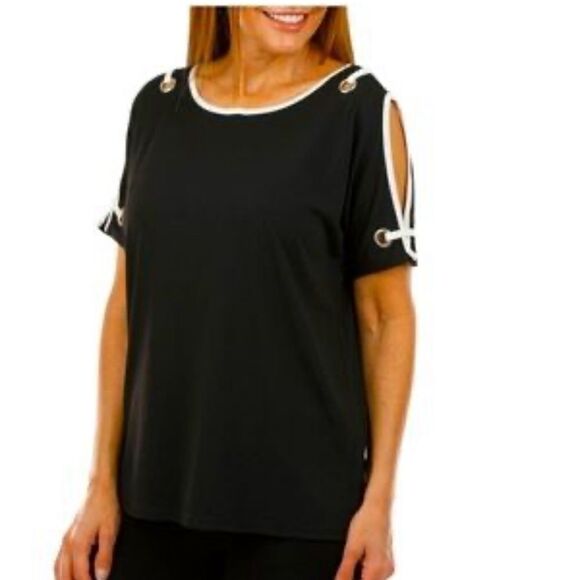Carmen Marc Valvo Black White Peep Shoulder Top Shirt Blouse Medium M NWT - Picture 1 of 5